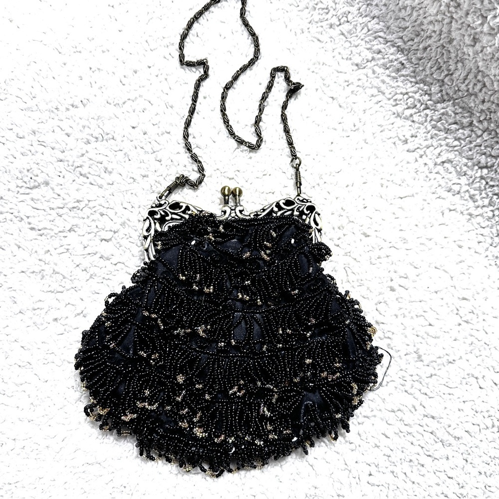 Beaded Black Evening Bag Satin Lined With pocket inside, Chain, Roaring 20s NWOT